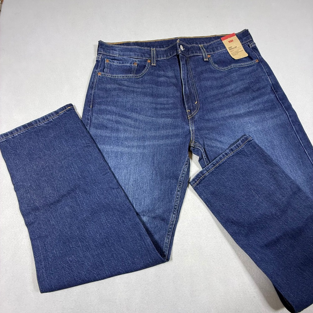 Levis 505 Regular Fit Straight Leg Stretch Jeans Mens 38x32 Dark Wash Blue NWT